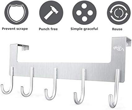 Rongyuxuan Over Door Hooks, Punch Free Over The Door Hanger Organizer for Clothes, Towels, Bag, Robe, Umbrella - Aluminum Home Storage Organizer with 5 Hooks (Silver)