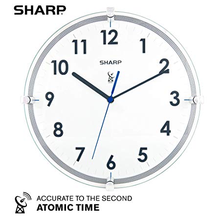 Sharp Atomic Analog Wall Clock – 10.5” Suspended Glass Face Atomic Clock - Sets Automatically - Easy to Read – Updates Automatically to Time Zone and for Daylight Savings