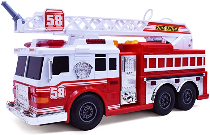 Fire Motorized Truck with Lights, Siren Sound, Working Water Pump and Rotating Rescue Ladder- Electric, Motorized, Big Fun Size, Realistic Design- for Toddlers, Kids Aged 3  Years Old