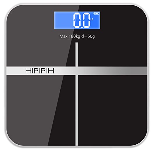 Hippih Smart Weigh Body Digital Precision Scale with Step-On Technology Easy-to-Read Measures Weight 400lb/180kg AAA Glass Square 006 (Black)