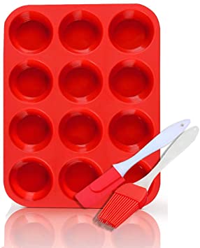 12 Pc Silicone Muffin and Cupcake Baking Mould, Muffin & Cupcake Tins & Moulds, Non Stick/Dishwasher - Microwave Safe(Red)