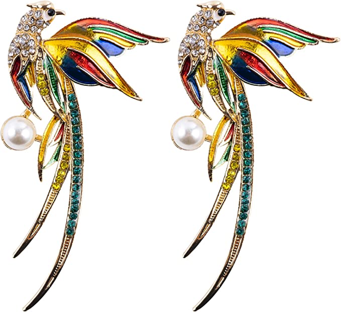 2Pcs Phoenix Enamel Pin Crystal Brooch Rhinestone Pearls Chinese Style Banquet Lapel Pin Flame Bird Resurrection Elegance Clothing Accessories Gift for Women and Girls