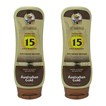 Australian Gold Spf 15 Broad Spectrum Moisture Max Sunscreen Lotion with Kona Bronzers, 8 Ounce (Pack of 2) (2 Pack, Spf 15)