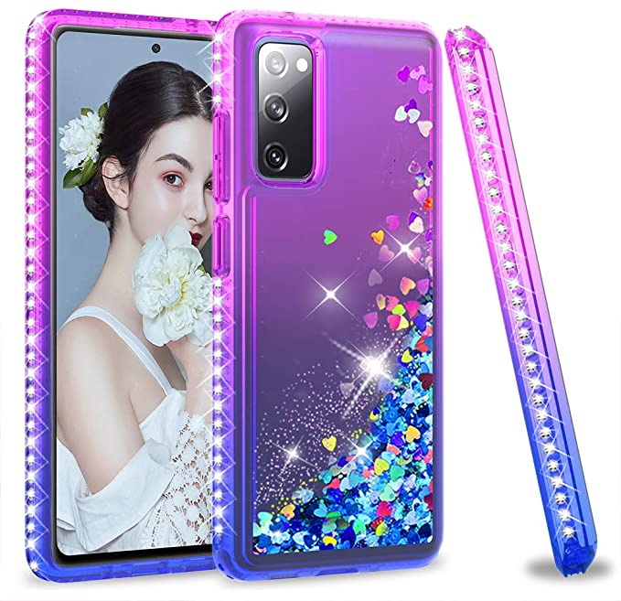 LeYi Case for Samsung S20 FE 4G/5G Phone Case, Girls Bling Glitter Liquid Floating Crystal Sparkle Cute Double Layer Clear Silicone Gel TPU Bumper Shockproof Protective Phone Cover for SAM S20 Fan Edition Purple/Blue