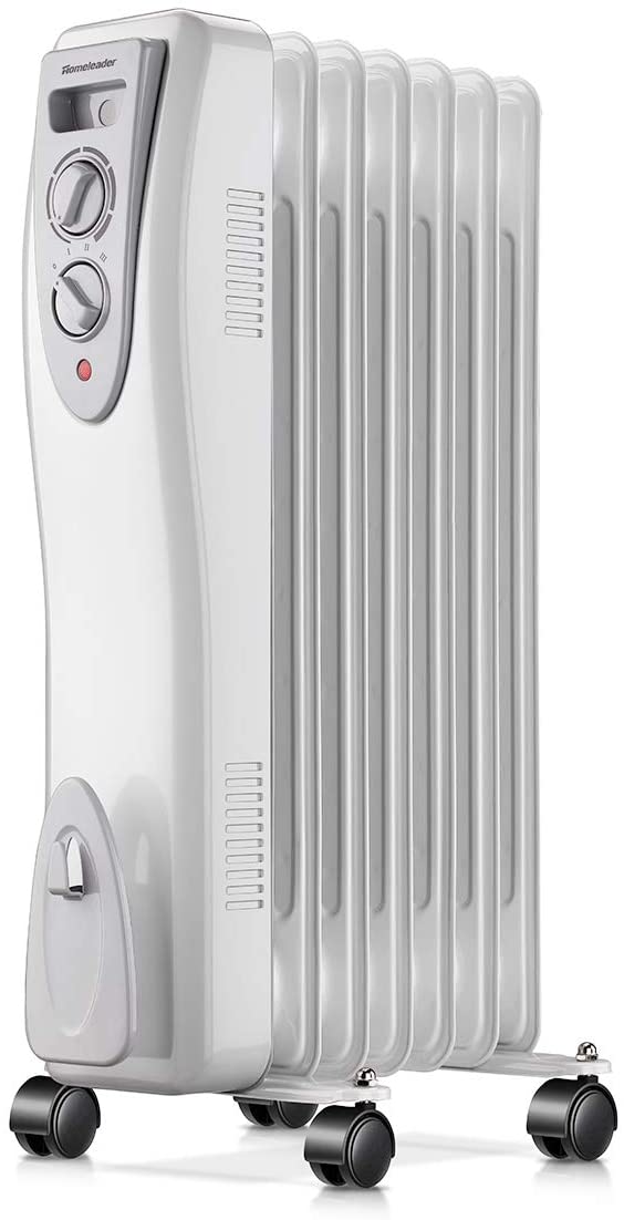 Homeleader Oil Heater, Portable Space Heater with Thermostat, 1500W Oil Filled Radiator Full Room Heater with Tip Over & Overheat Protection for Indoor Use, White