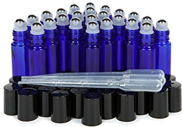 Vivaplex, 24, Cobalt Blue, 10 ml Glass Roll-on Bottles with Stainless Steel Roller Balls. 3 - 3 ml Droppers included