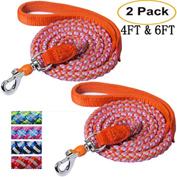 haapaw Heavy Duty Dog Leash with Comfortable Padded Handle Reflective Braided Dog Leashes for Large Medium Small Dogs(2 Packs,4FT and 6FT)