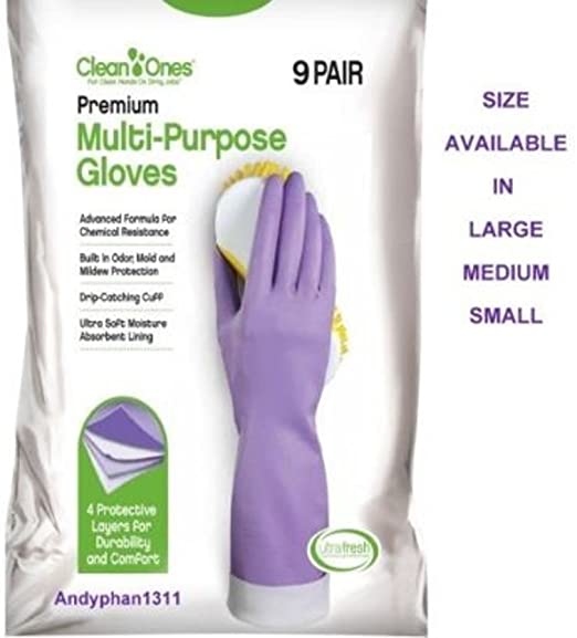 9 Pairs Clean Ones Premium Multi Purpose Rubber Gloves hand dishwashing- L/M/S (Medium)