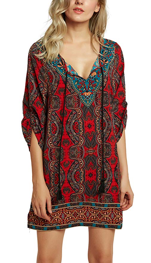 Urban CoCo Women Bohemian Neck Tie Vintage Printed Ethnic Style Summer Shift Dress