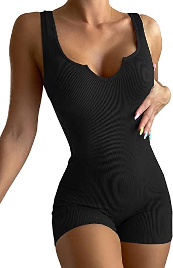 Fanuerg Women's Summer Ribbed Sleeveless Tank Top Romper One Piece Bodycon Shorts Jumpsuit