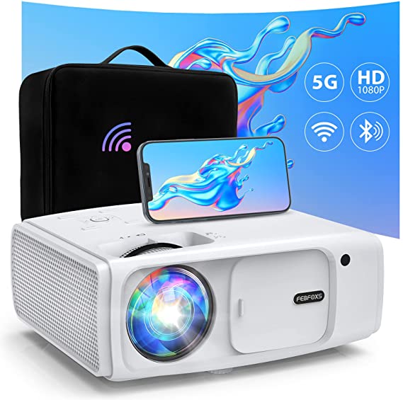 Projector, Febfoxs Projector with WiFi and Bluetooth, 400 ANSI Lumen 1080P Portable Projector, UHD Movie Projector with Bag, 4K, Zoom, Supported, Bluetooth Projector Compatible w/Phone/PC/DVD/PS5