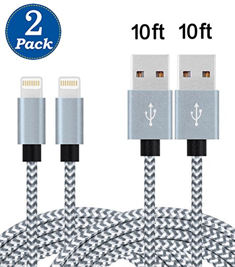 (2 Pack) Lightning Cable, 10Ft Durable Lightning to USB Cable Nylon Braided Fast Charge and Data Sync Cord for iPhone 6s Plus 6 5s 5c 5 7 Plus 7, iPad Air / mini / 4th Gen, iPod nano / touch (Silver)