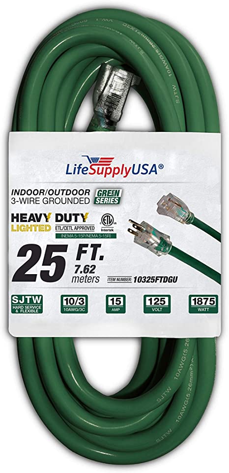 25 ft Extension Cord 10/3 SJTW with Lighted end - Dark Green- Indoor / Outdoor Heavy Duty Extra Durability 15 AMP 125 Volts 1875 Watts ETL Listed - by LifeSupplyUSA