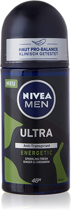 Nivea Men Ultra Energetic Roll-on Deodorant, 50 ml, Antiperspirant Protects Against Underarm Moisture, Deodorant with 48h Protection and Masculine Fragrance