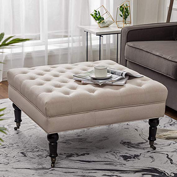 Simhoo Large Square Tufted Lined Ottoman Coffee Table with Casters,Beige Upholstery Button Footstool Cocktail with Wheels for Living Room