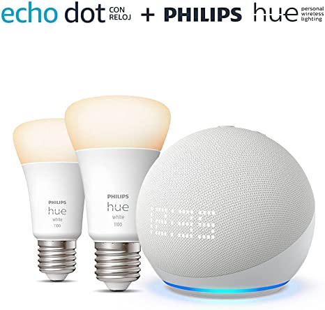 Nuevo Echo Dot (5.ª generación, modelo de 2022) con reloj, Blanco   Philips Hue White Bombilla Inteligente (E27), Pack de 2, compatible con Alexa - Kit de inicio de Hogar digital