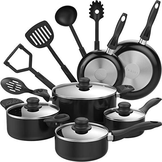 hOmeLabs 15 Piece Nonstick Cookware Set - Kitchen Pots and Pans Set Nonstick with Cooking Utensils - Oven Safe Basics Non Stick Pot and Pan Set - Black