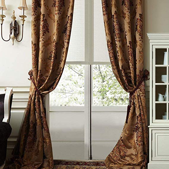 IYUEGO Luxury European Style Jacquard Silky Heavy Fabric Grommet Top Curtain Draps with Multi Size Custom (Gold, 42" W x 84" L)