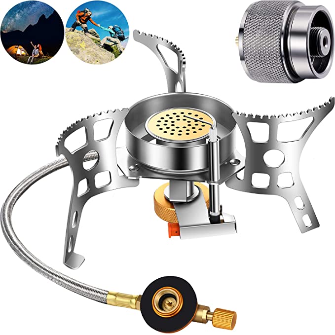 2 Pieces Upgraded Backpacking Stove with Piezo Ignition and Camping Stove Adapter Windproof Portable Camping Gas Stove 3600 W/ 4600 W Strong Firepower for Outdoor Picnic Hiking