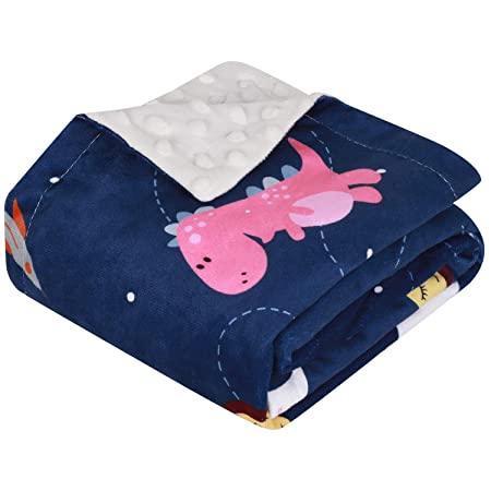 TILLYOU Ultra Soft Minky Baby Blanket with Dotted Backing, Plush Bedding Blanket with Galaxy Dinosaurs for Boys, Fleece Security Blanket for Nursery Crib, Stroller, Toddler Bed, Carseat, Navy 30x40