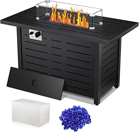 R.W.FLAME Fire Pit Table 43in Square Metal Firepits- Propane Fire Pit Table with Lava Rocks, Glass Wind Guard Steel Fire Pit Table for Picnic, 50000 BTU