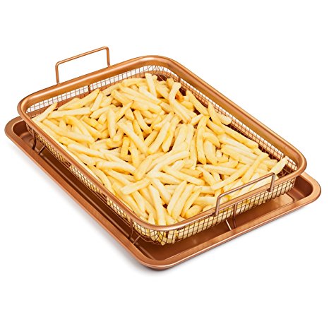 Chef's Star Premium Copper Crisper Air Fry Pan - Ceramic Coated Tray & Non-Stick Basket - Healthy Oil Free Frying Option For Chicken, French Fries, Onion Rings & More