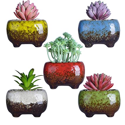 Succulent Plant Pots - 4.7 Inch Ceramic Cactus Planter Pots Tripod Mini Glazed Flower Pots with Drainage Hole Perfect for Desk or Windowsill Pack of 5