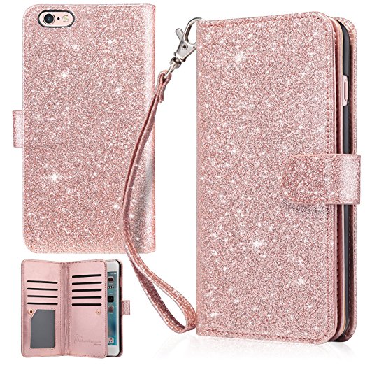iPhone 6 Plus Case, iPhone 6S Plus Wallet Case, UrbanDrama Glitter Shiny PU Faux Leather Magnetic Credit Card Slot Cash Holder Protective Wallet Case for iPhone 6 Plus / iPhone 6S Plus 5.5", Rose Gold