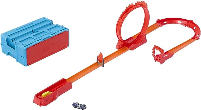 Hot Wheels Track Builder Playset Flame Stunt Pack with 16 Component Parts & 1:64 Scale Toy Car in Storage Container