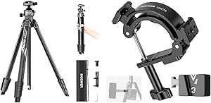 NEEWER LITETRIP LT07 61" Aluminum Travel Tripod for Camera w Pan Tilt Low Profile Ball Head, Super Clamp Multifunctional Tripod Clamp Mount with V Mount Battery Plate Included