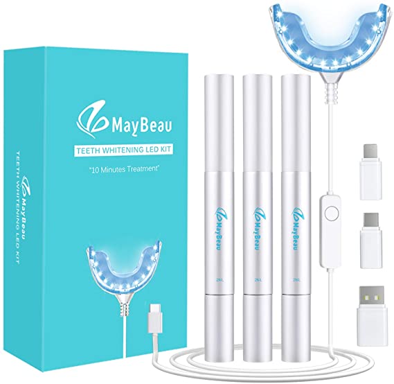 2020 Newest Teeth Whitening Kit, MayBeau 24X LED Professional Light for Whiter Teeth, Includes 3 Smart Teeth Whitening Gel Pens, Better Results Than Charcoal and Strips, Non Peroxide & No Sensitivity