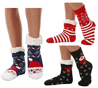 Winter-Weight Thermal Fleece-Lined Cozy Christmas Holiday Sherpa Lined Slipper Socks, 3 Pair Pack