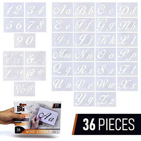 Letter Stencils for Painting on Wood - Alphabet Stencils with Calligraphy Font Upper and Lowercase Letters - Reusable Plastic Art Craft Stencils with Numbers and Signs - Set of 36 PCs 8.27"x5.87"