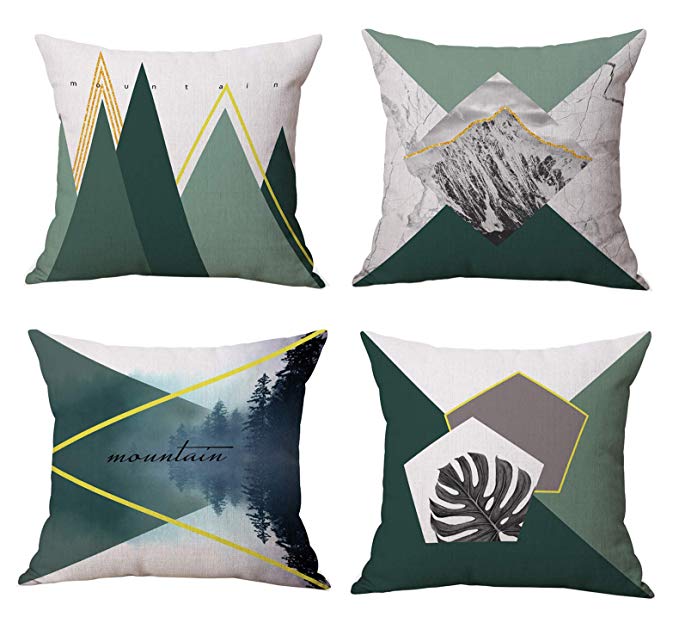 Decorative Mountain Throw Pillow Covers 18 x 18 inches Cotton Linen Geometric Square Cushion Covers Set of 4 Green
