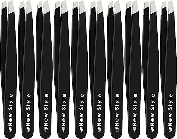 Slant Tweezers (10-Pack) – Professional Slant-Tip Tweezers in Separate Sleeves for Eyebrows and Facial Hair – Stainless Steel Brow Shaping Hair Plucker for Expert Precision Personal Care