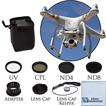 37MM Filter Kit For DJI Phantom 3 Series Drones. Kit Includes: CPL, ND4, ND8, UV, Lens Cap, Cap Keeper   eCostConnection Microfiber Cloth