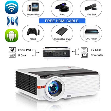 5000 Lumen LED Wireless Projector Bluetooth WiFi Full HD 1080P Support LCD Smart Home Theater Projectors Airplay with HDMI USB Android OS Audio Outdoor Movies Game Cosnsoles TV Stick Smartphone