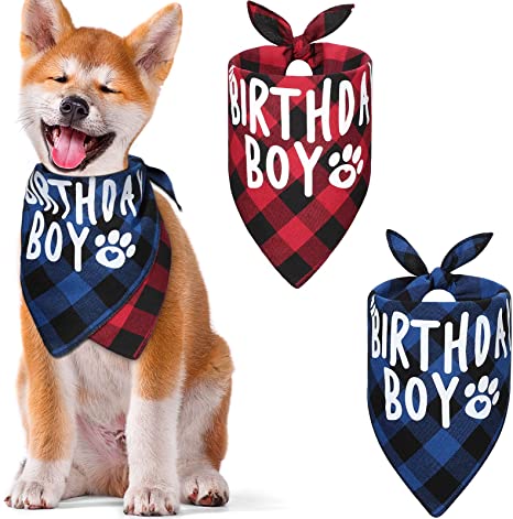 2 Pieces Dog Plaid Bandana Dog Birthday Bandana Boy Puppy Triangle Bib Dog Scarf Apparel for Small Medium Large Pet Dogs Cats Party Supplies, 2 Colors