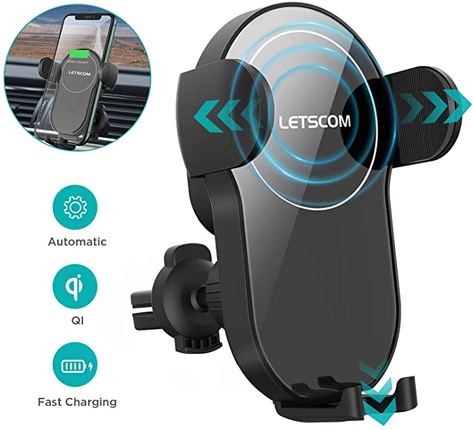 LETSCOM Wireless Car Charger,15W Qi Fast Charging Car Mount Charger Auto-Clamping Smart Positioning Air Vent Phone Holder Compatible with iPhone11/11Pro/11Pro Max/XS/XR/X/8/8 ,SamsungS10/S10 /S9/S8