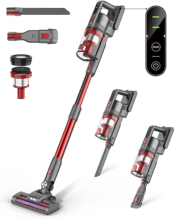 Fykee Cordless Vacuum Cleaner, Cordless Vacuum with 1.2L Dust Cup and 80,000 PRM Brushless Motor, Stick Vacuum Cleaner with Large Detachable Battery up to 35 mins Run Time (Light Red)