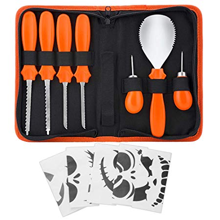 Ankuka 7 PCS Professional Halloween Pumpkin Carving Tool Kit, Stainless Steel Tools Sets Easily Carve Sculpt Halloween Jack-O-Lanterns, Cuts, Scoops, Scrapers, Saws, Loops, 6 Carving Templates
