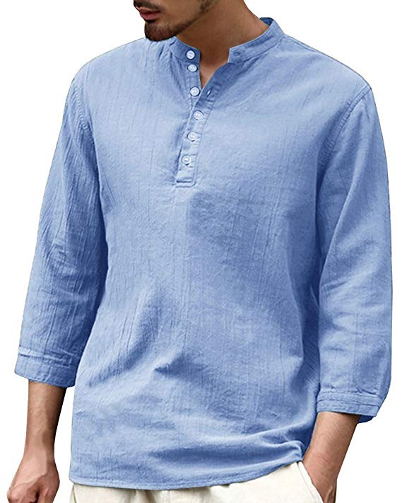 Mens Long Sleeve Henley Shirt Cotton Linen Beach Yoga Loose Fit Henleys Tops