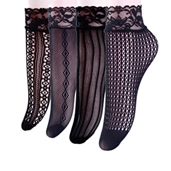 4 Pairs Women's Lace Fishnet Sheer Ankle Dress Socks - Stylish Black