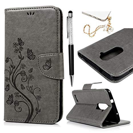 ZTE ZMAX Pro Case, ZTE Carry Z981 Case, Wallet Case Shockproof Embossed Butterfly Flower Pattern PU Leather Magnetic Flip Cover Card Slots Wrist Strap Cover for ZTE ZMAX Pro/ZTE Carry Z981 - Gray