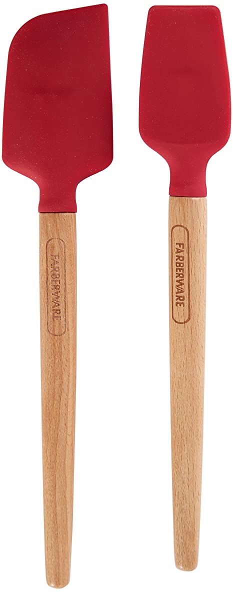 Farberware 5216385 Professional Heat Resistant Silicone Spatula with Wood Handle-Safe for Non-Stick Cookware, Set of 2, Red