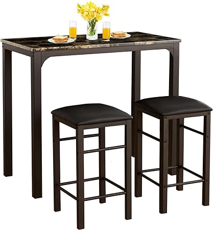 VECELO Bar Table Stools, 3 Pieces Rectangular Kitchen Height Pub Tabletop Living Party Room Bistro, Dining Set for 2, Retro Blk