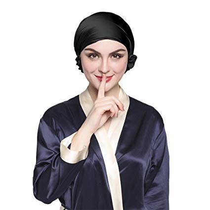 LilySilk Women's 100% Pure Silk Sleep Cap For Hair-Adjustable Real Silk Bonnet-Sleep Cap, Black