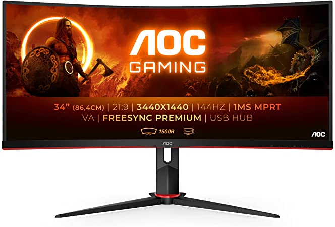 AOC Gaming CU34G2X - 34 Zoll WQHD Curved Monitor, 144 Hz, 1ms, FreeSync Premium (3440x1440, HDMI, DisplayPort, USB Hub) schwarz/rot