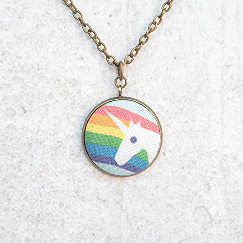 Rainbow Unicorn Fabric Button Pendant Necklace