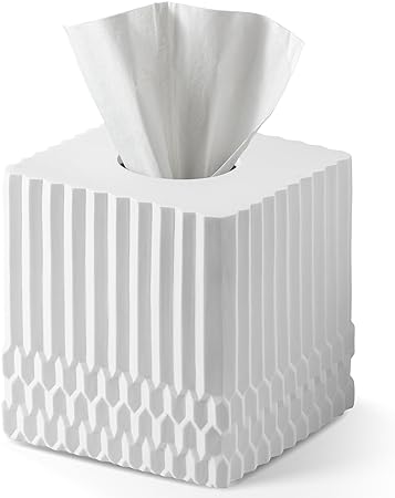 Tissue Box Cover Square for Home Decor,Tissue Box Holder for Bathroom Countertop,Tabletop,Bedside Table,Office - Modern Geometric Striped (White)